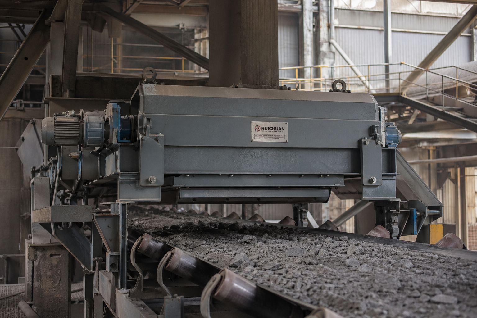 Magnetic Separator for Bulk Material Handling installed above a belt conveyor