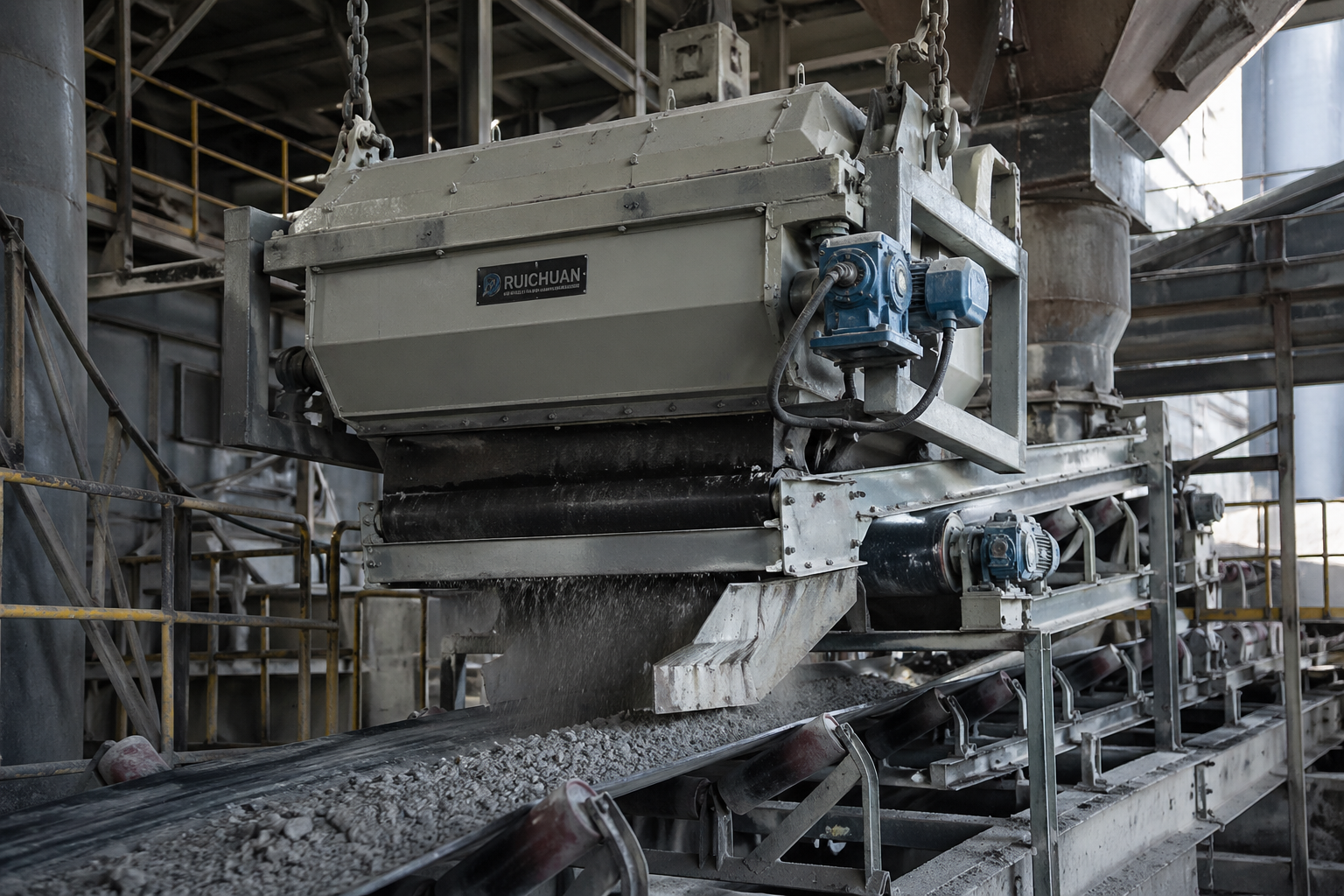 Suspended magnetic separator for cement plant bulk material conveyor